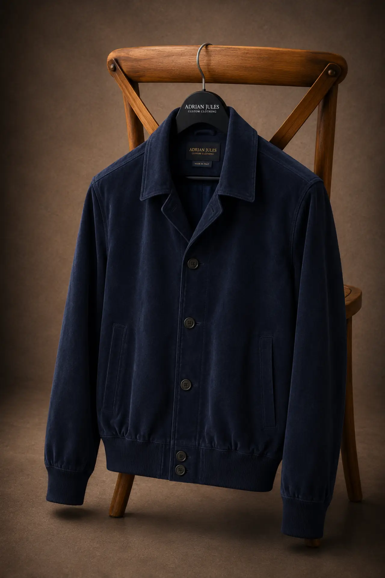 The Buttoned Suede Navy Bomber