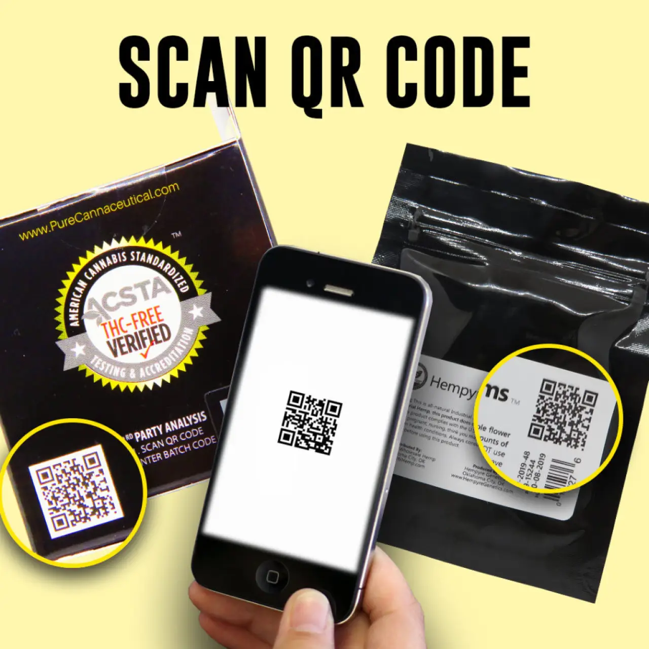 Phone scanning QR codes on CBD product packaging.