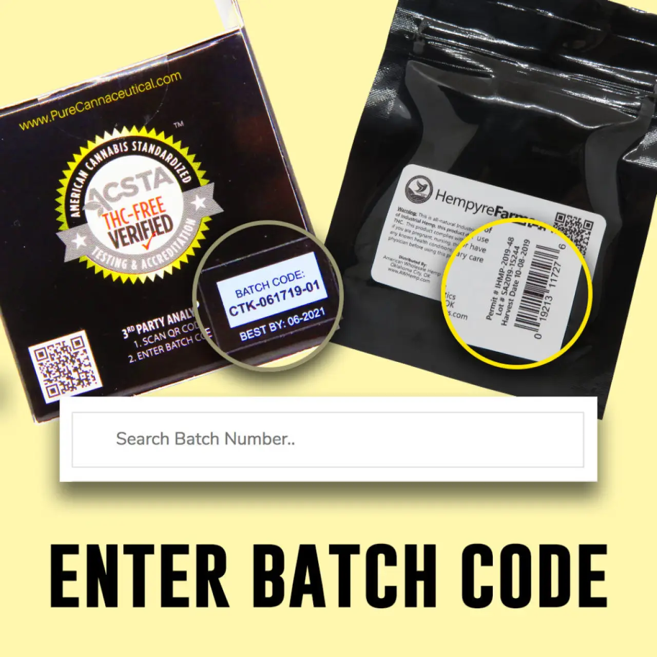 CBD product labels showing where to find and enter the batch code.