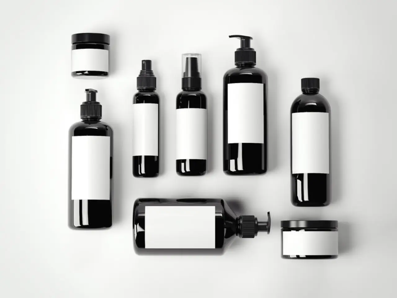 black bottles with white labels