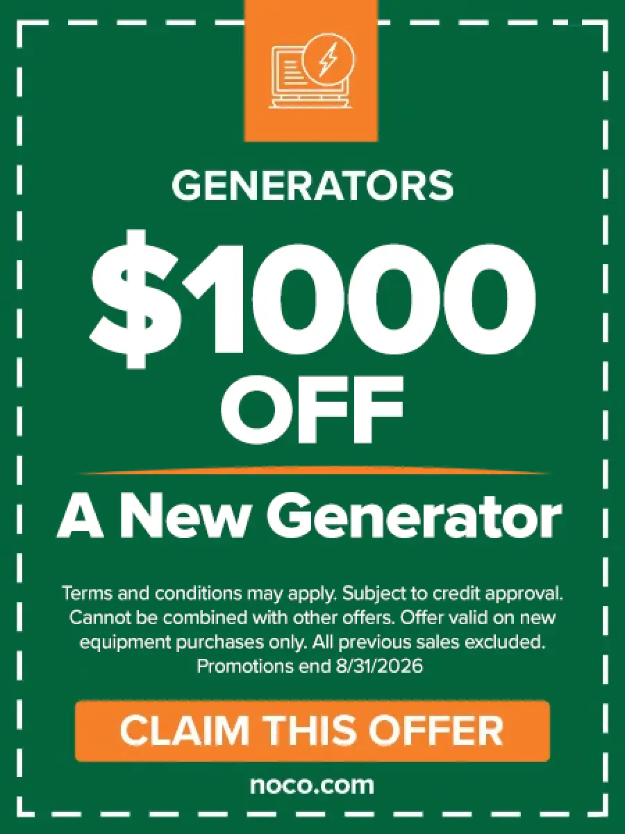 Green ad offering 1000 off a new generator; promo ends 8/31/2026; orange claim button.