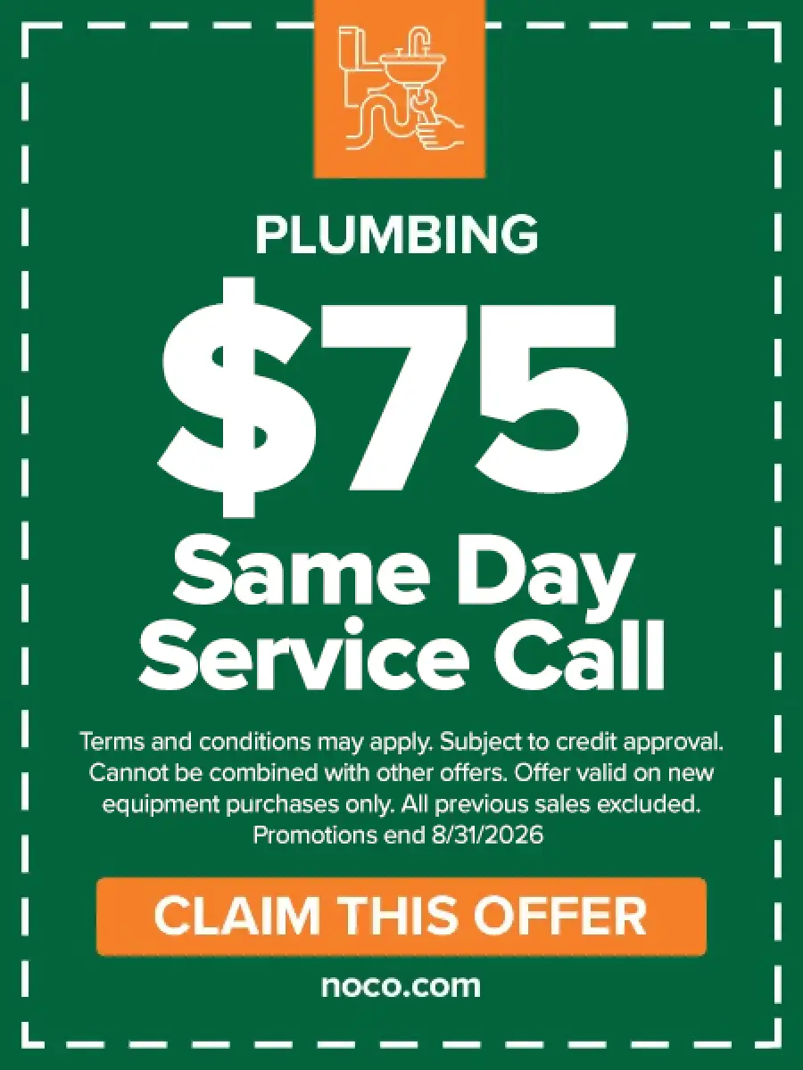 Green plumbing ad: 75 Same Day Service Call.” Orange button: Claim This Offer.”