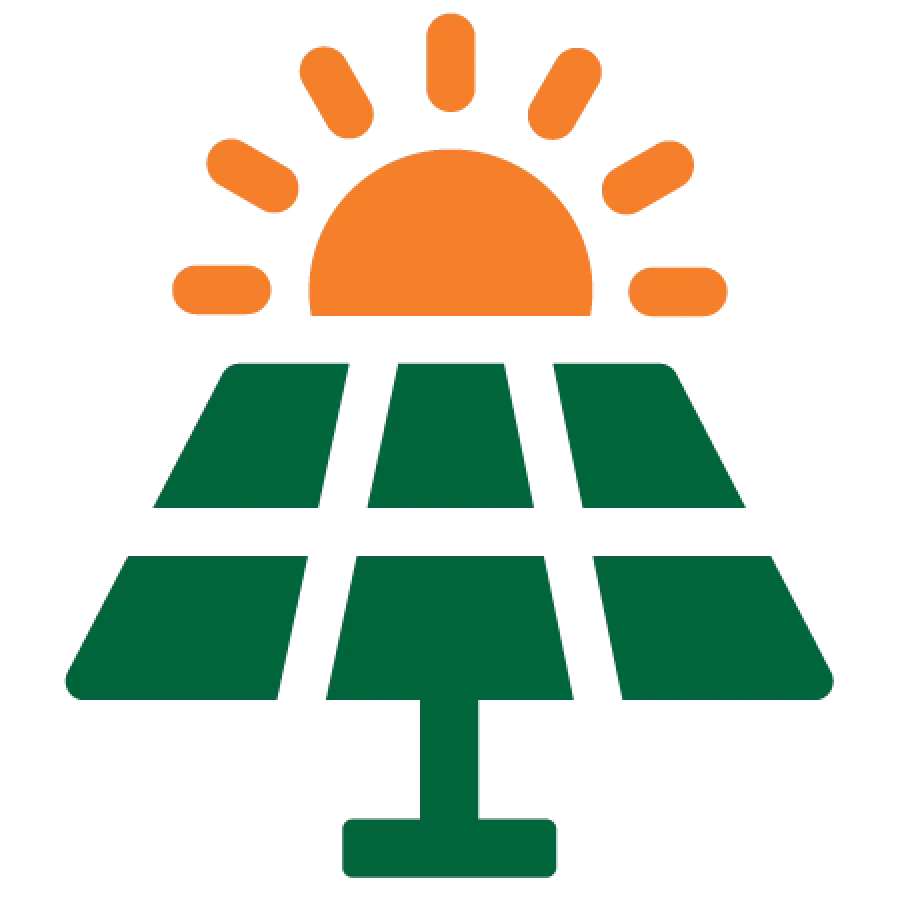 Sun rising above a stylized solar panel.