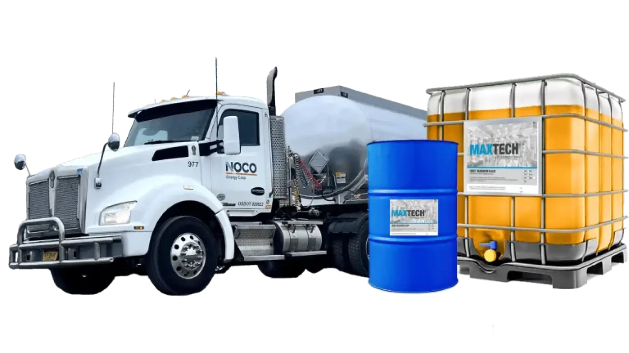 A white delivery truck, a blue barrel, and a large yellow chemical container are shown together.