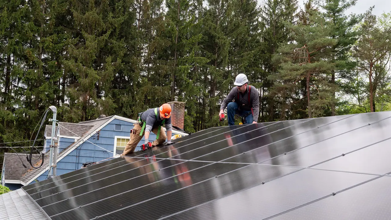 Two workers install solar panels on a sloped rooftop.