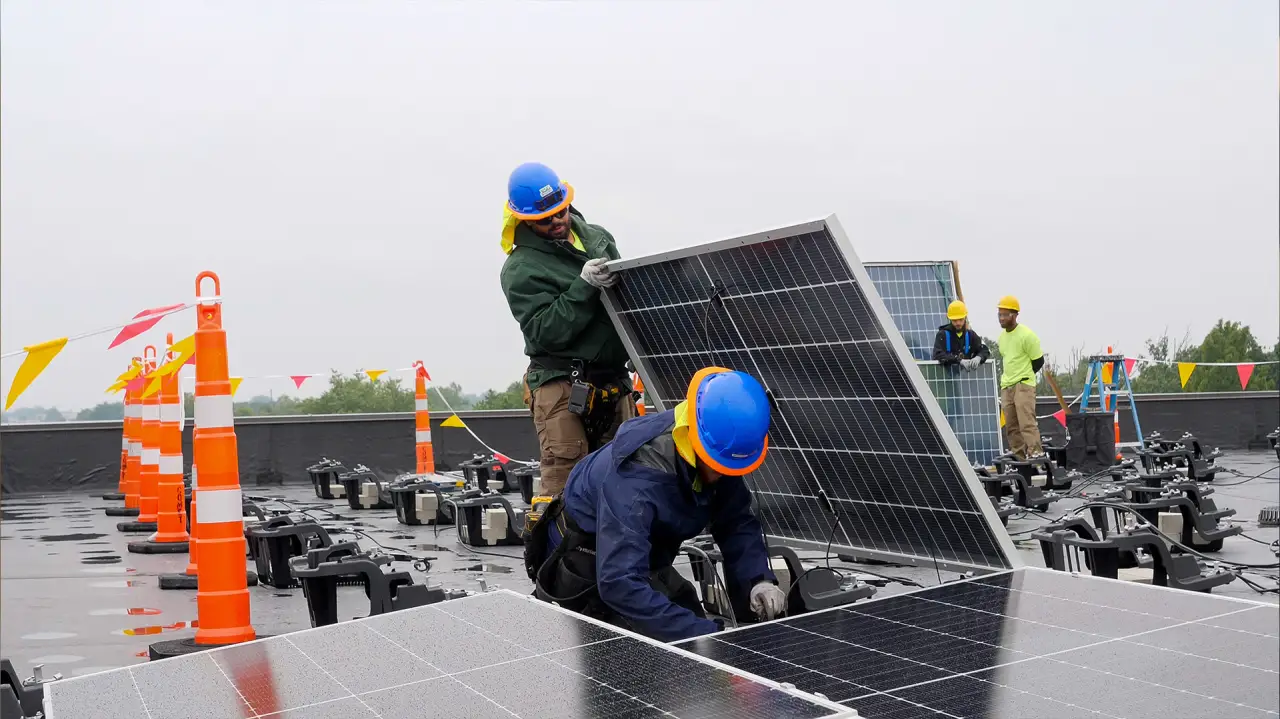 Workers install solar panels on a commercial rooftop.