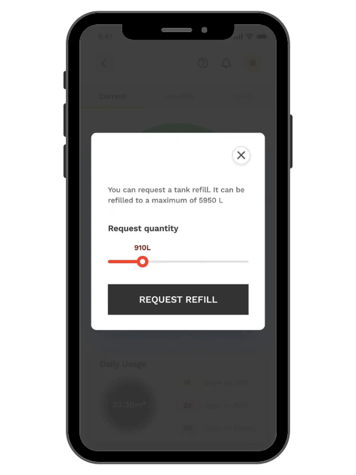 Anova Connect app showing the refill request screen with a quantity slider