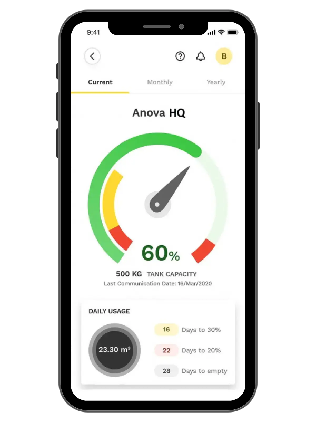Anova Connect app showing a tank capacity gauge at 60% with daily usage estimates