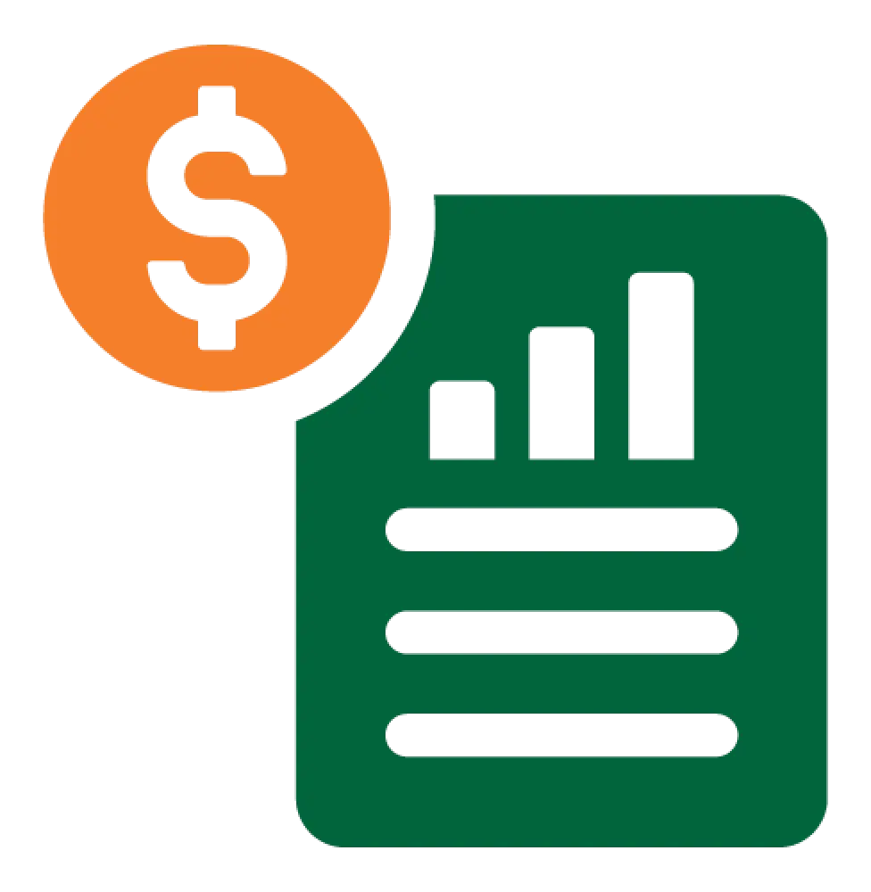 Dollar symbol beside a financial report with a rising bar chart.