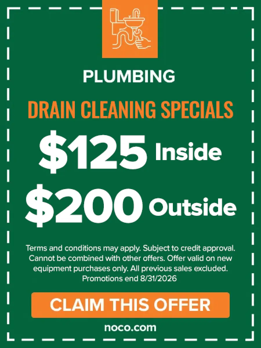 Plumbing drain cleaning specials: 125 inside, 200 outside. Offer ends 8/31/2026.