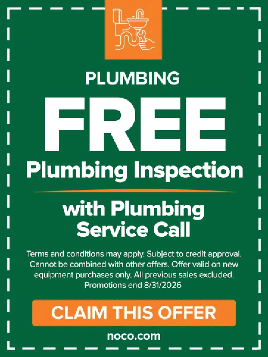 Coupon for a free plumbing inspection with service call; claim offer at noco.com by 8/31/2026.