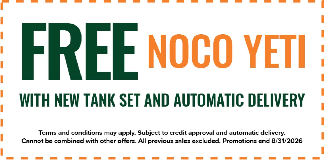 Coupon offering a free Noco Yeti with new tank set and automatic delivery; terms apply.