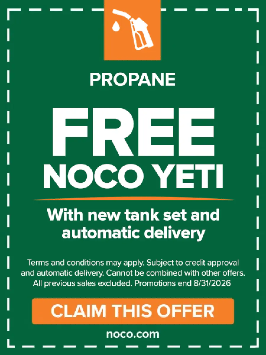 Free NOCO Yeti for new Propane customers with new tank set and automatic delivery” Orange button: Claim This Offer.”