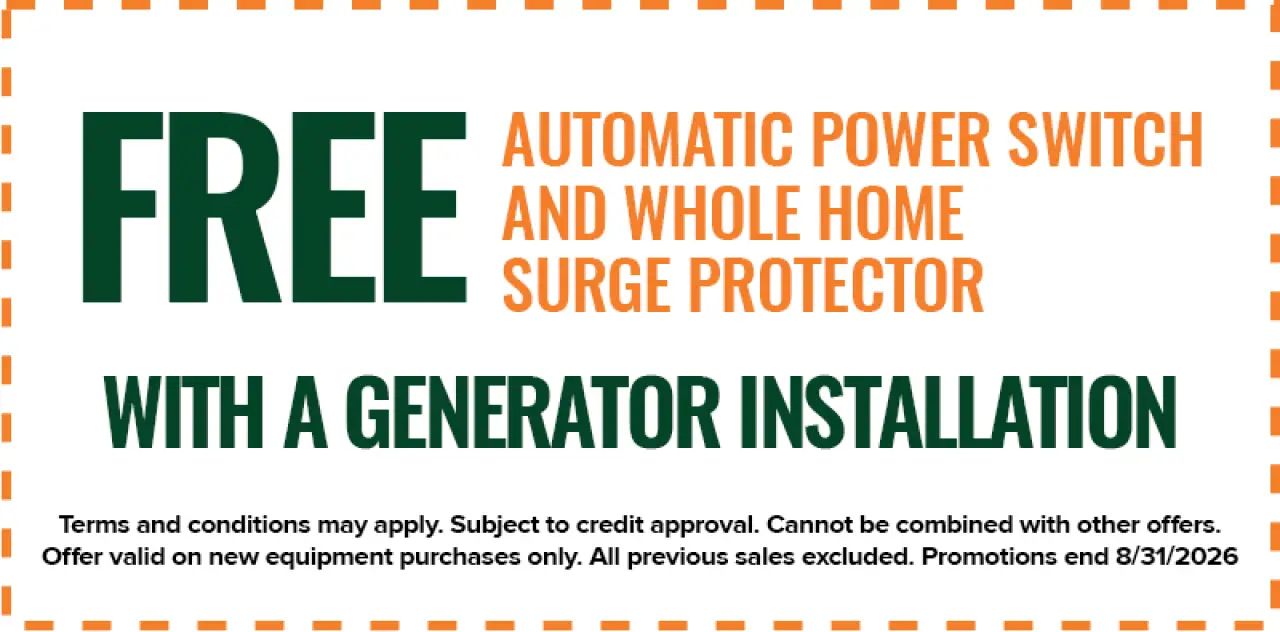 Coupon offering free power switch and surge protector with generator installation; terms apply.