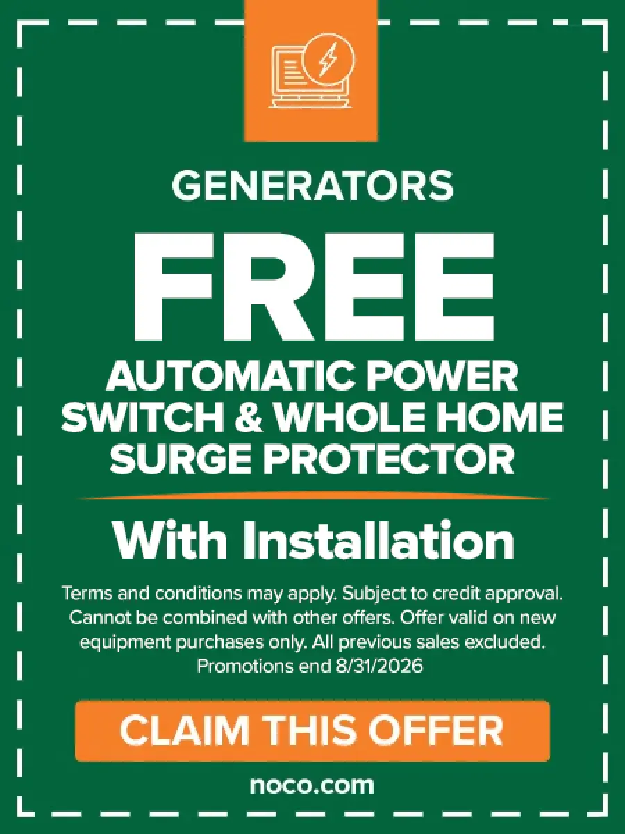 Green ad offering free automatic power switch and surge protector with generator installation.