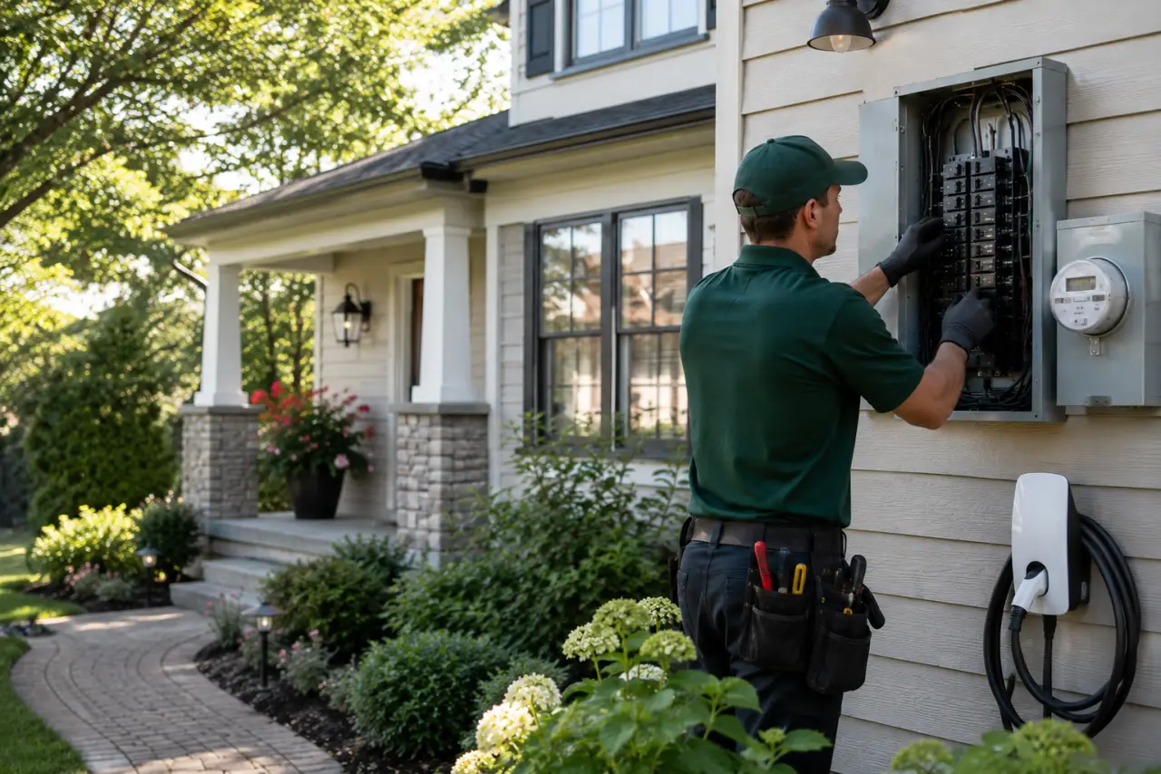 NOCO electrician working on an exterior electrical panel beside a home EV charger
