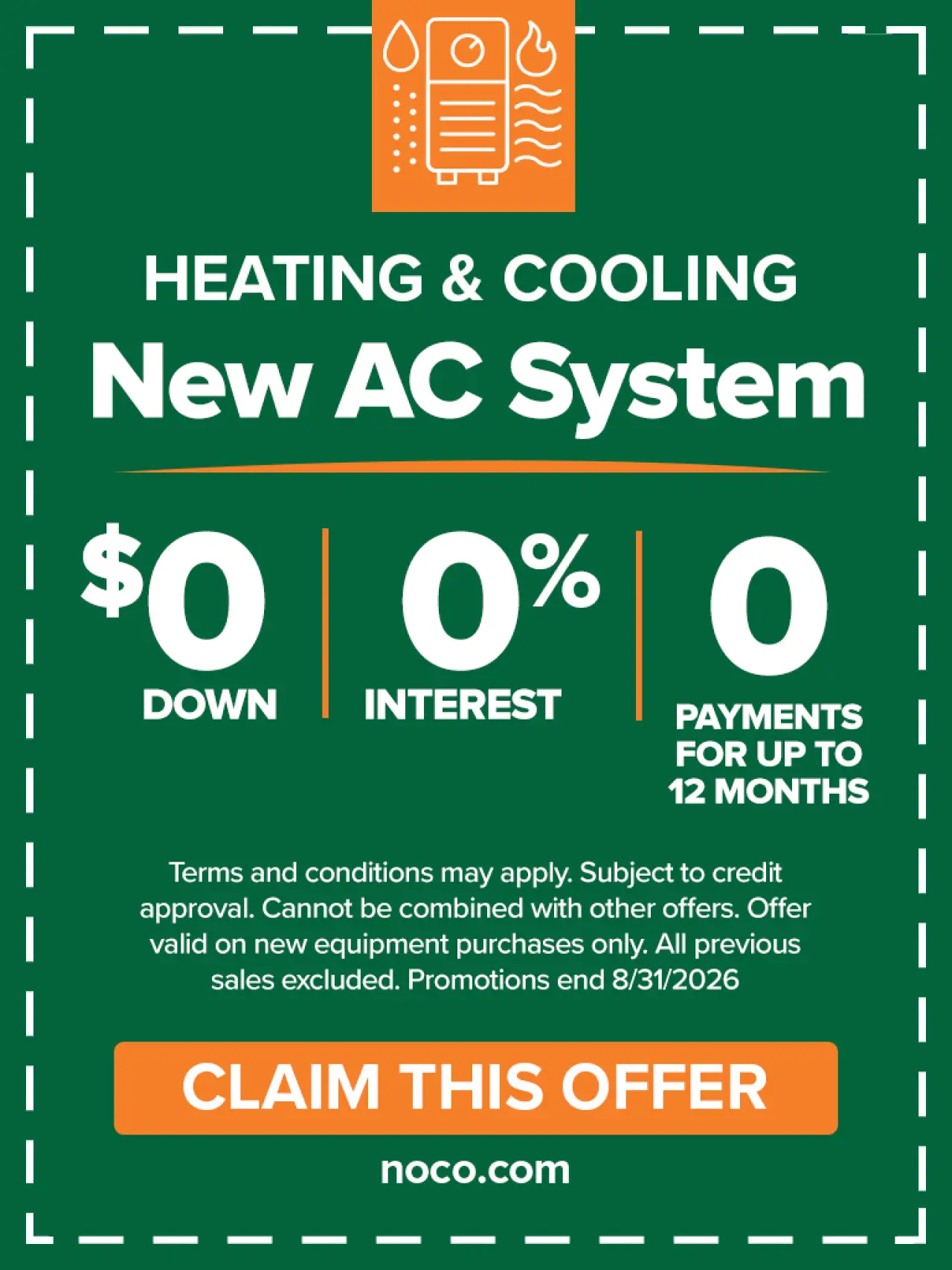 Ad offering a new AC system with 0 down, 0 interest, 0 payments for up to 12 months.