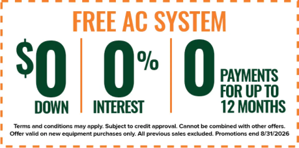 New AC system with 0 down, 0 percent interest, and 0 payments financing offer.