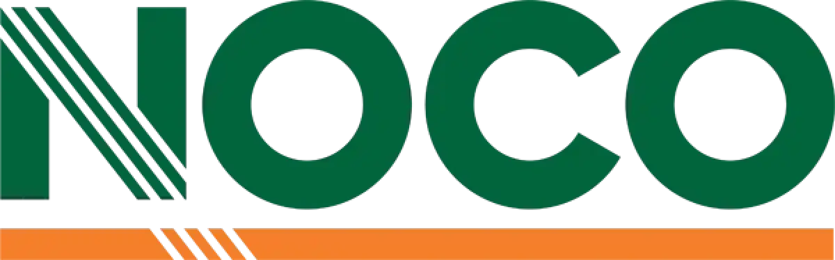 Green NOCO logo with orange and gray lines beneath the letters on a white background.