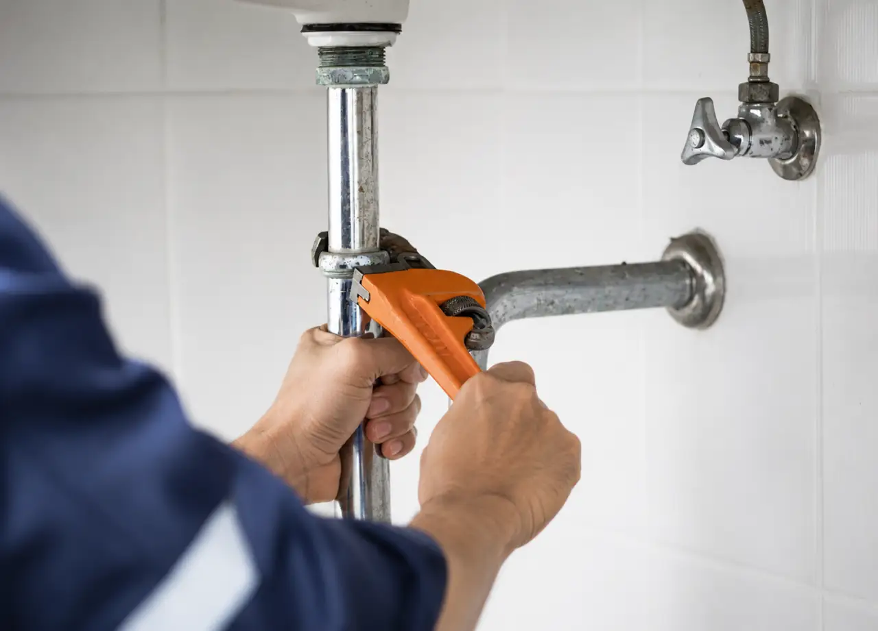 NOCO plumber using a wrench to repair pipes under a sink in a Buffalo home.