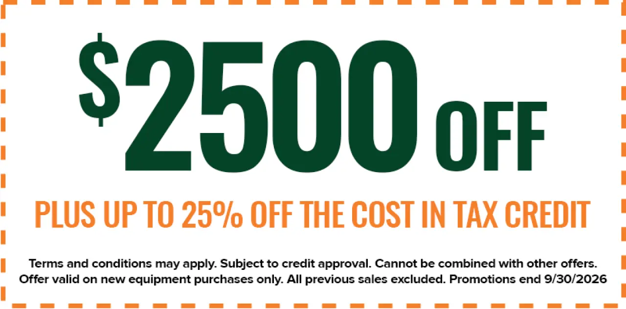 $2,500 off a new geothermal system, plus up to 25% off the cost in tax credit; terms and conditions apply, promotion ends 9/30/2026.
