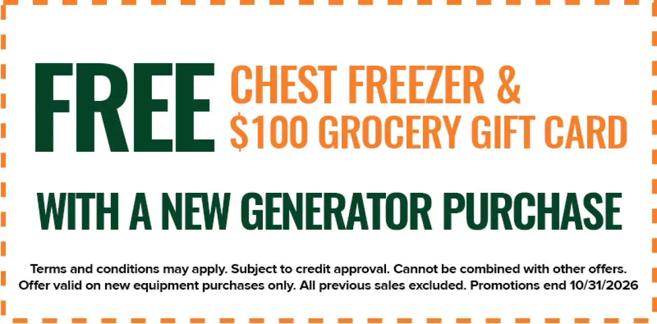 Free chest freezer and $100 grocery gift card with a new generator purchase; terms and conditions apply, promotion ends 10/31/2026.