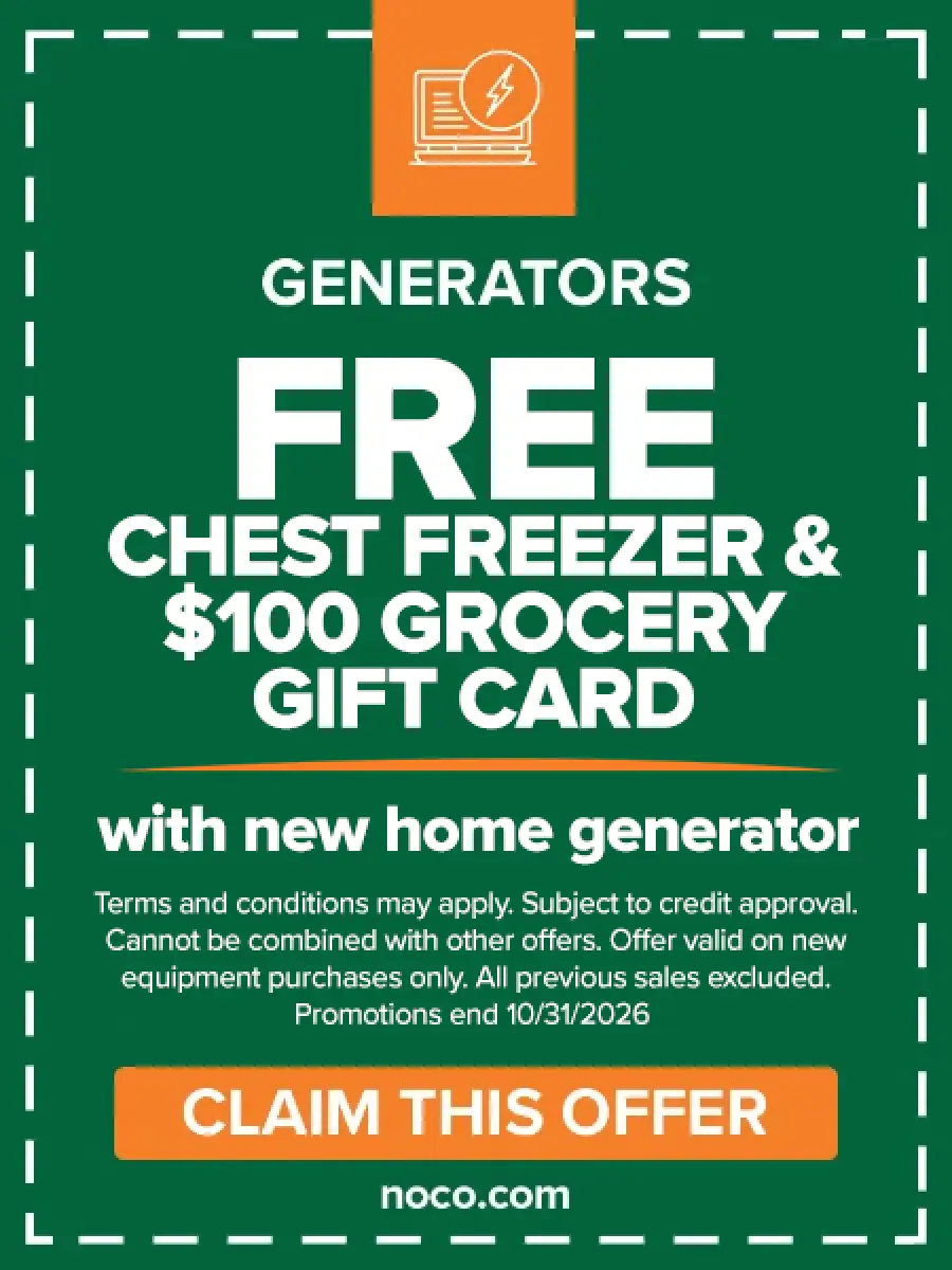 Free chest freezer and $100 grocery gift card with a new home generator coupon; offer ends 10/31/2026