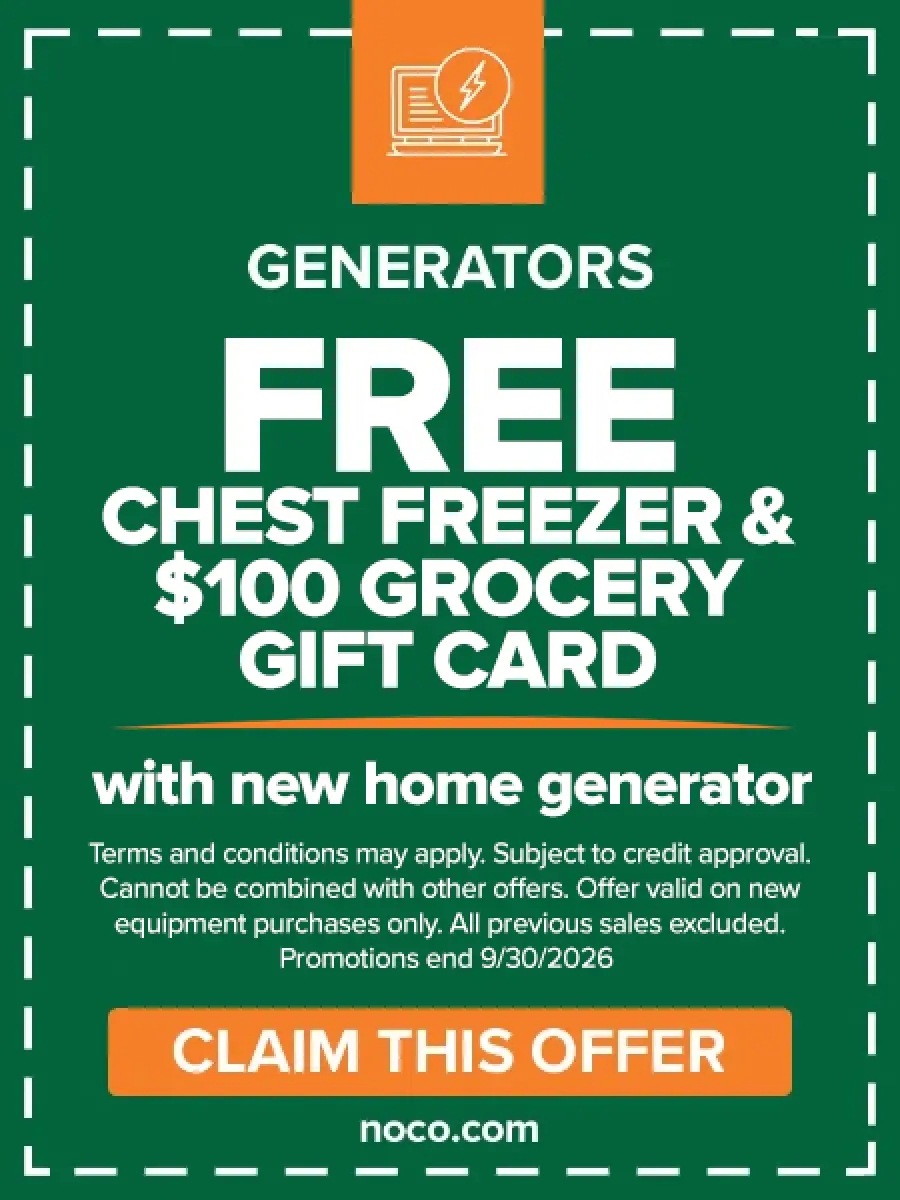 Free chest freezer and $100 grocery gift card with a new generator coupon; offer ends 9/30/2026