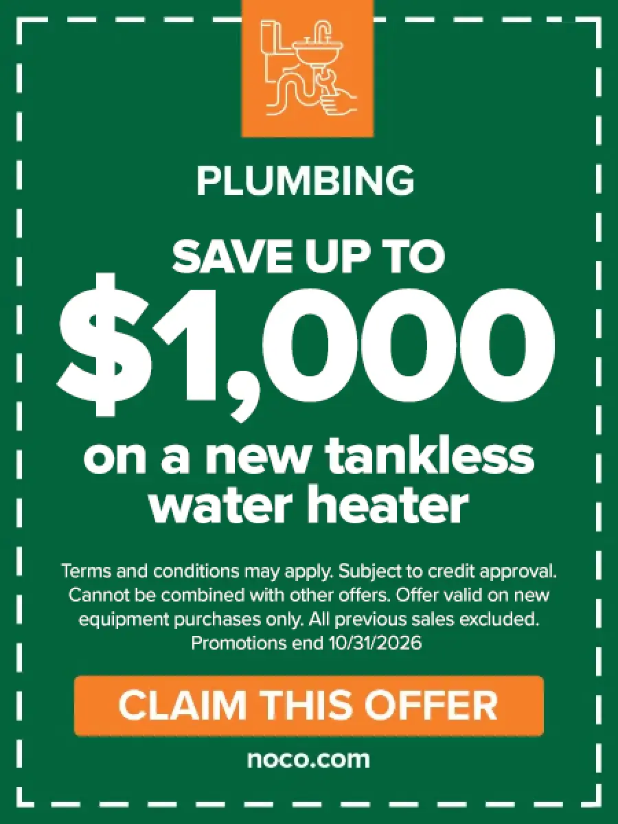 Save up to $1,000 on a new tankless water heater coupon; offer ends 10/31/2026