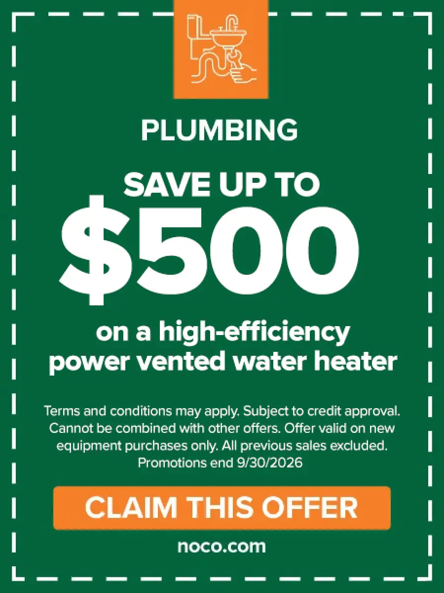 Up to $500 off a high-efficiency power vented water heater coupon; offer ends 9/30/2026
