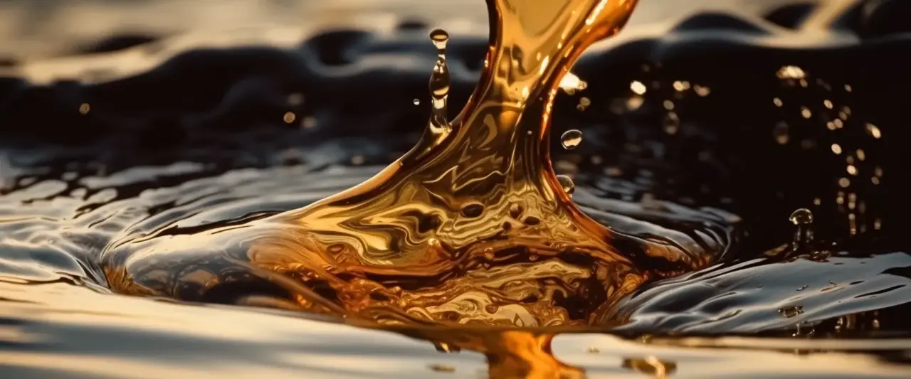Golden-brown liquid splashing and swirling with droplets against a dark, glossy background.