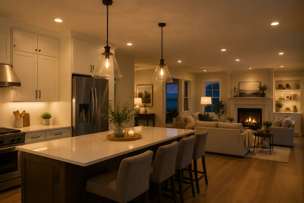 Kitchen and living room lit with recessed and pendant lighting