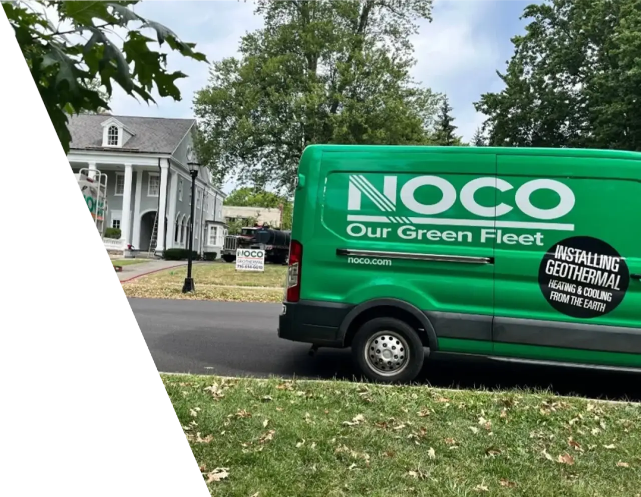 NOCO green service truck parked in front of a residential home