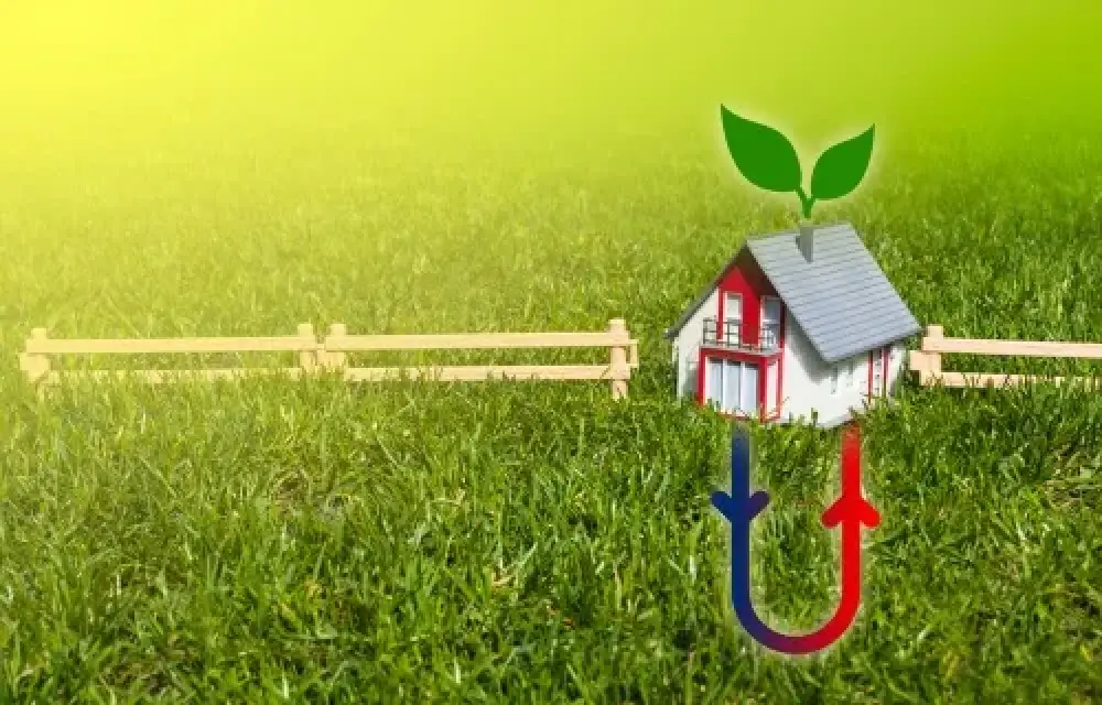 Model home with underground geothermal heating and cooling arrows.