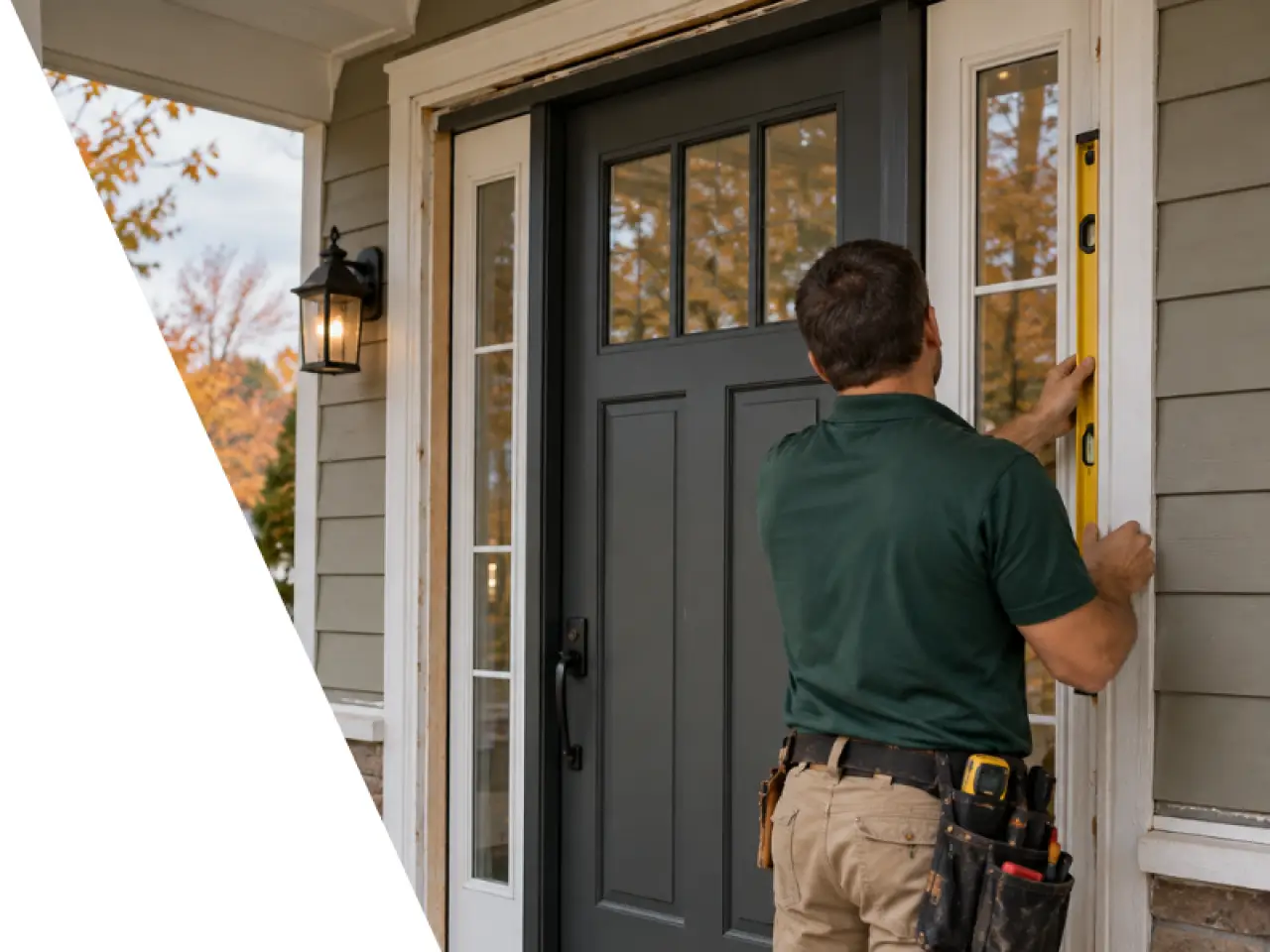Installer using a level while fitting a new gray front entry door