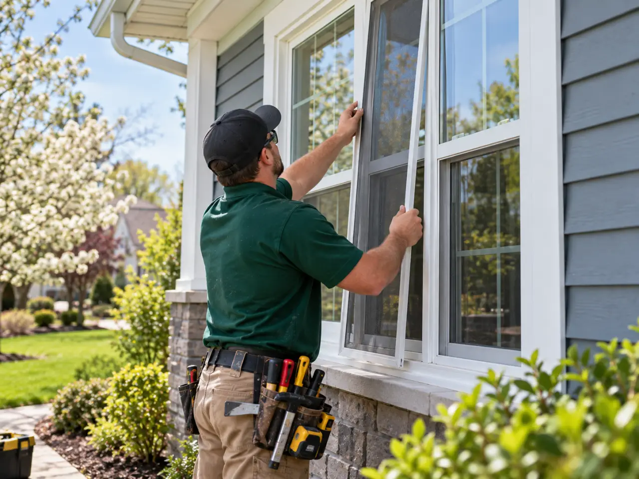 Installer fitting a new window on a Western New York home in spring