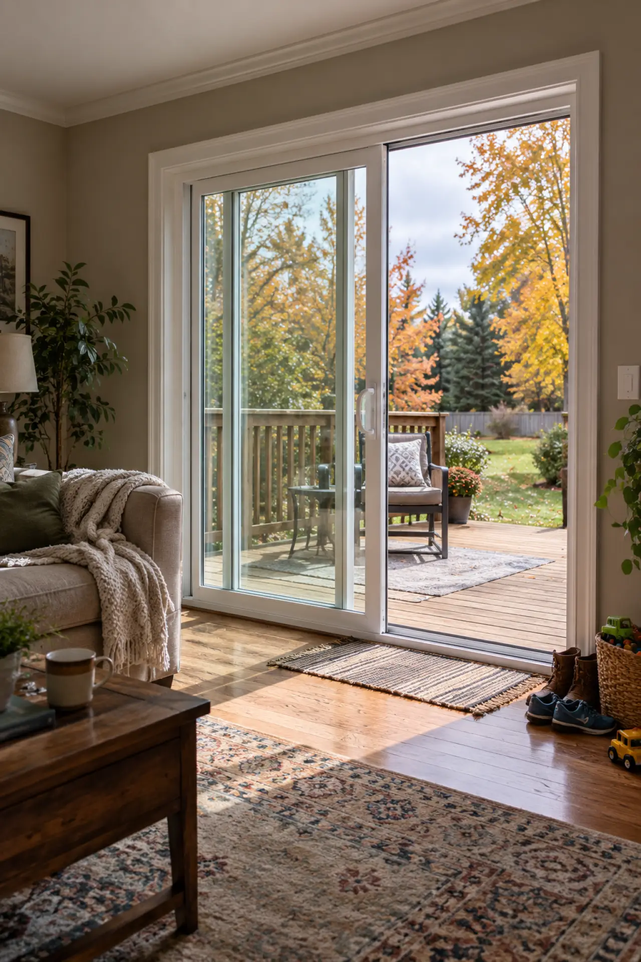 Living room with a new sliding glass patio door opening onto a backyard deck