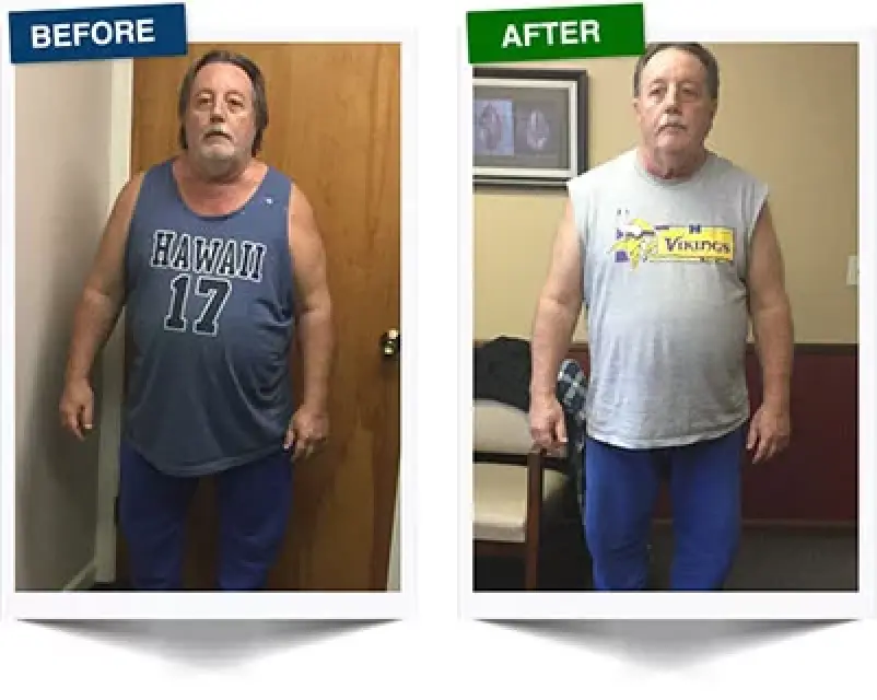 man in before and after photos showing weight loss, wearing different sleeveless shirts