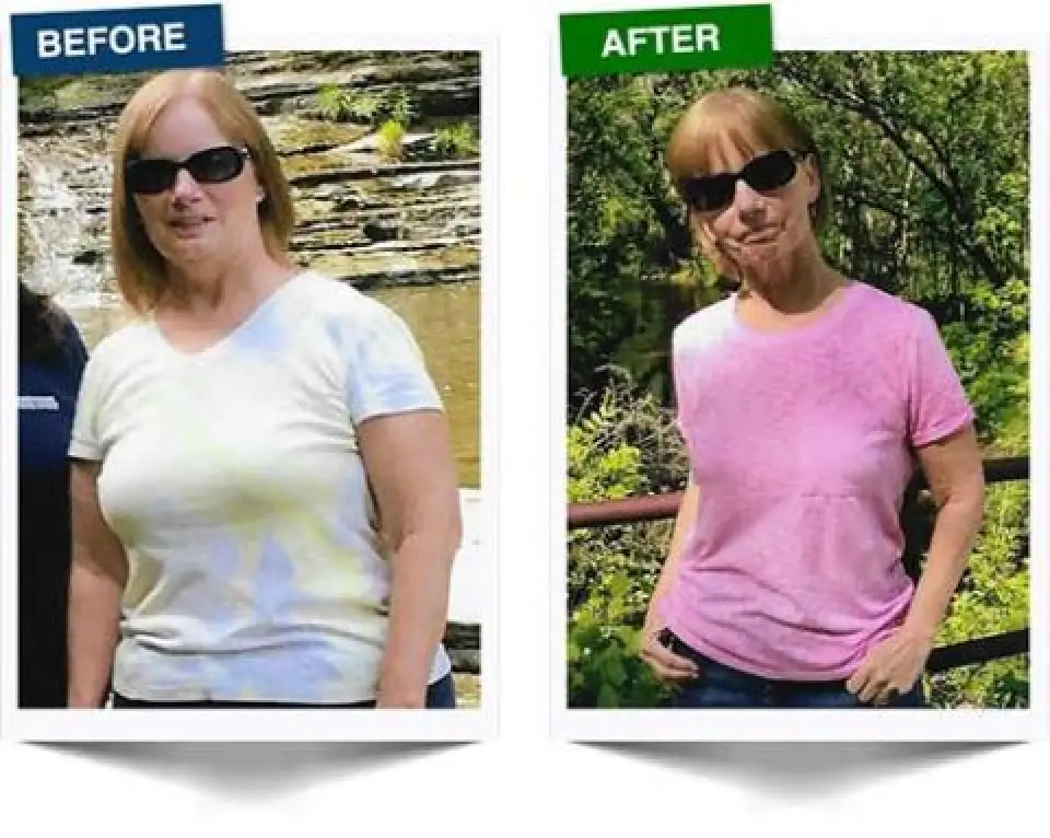 woman in sunglasses, before in white shirt, after in pink shirt outdoors