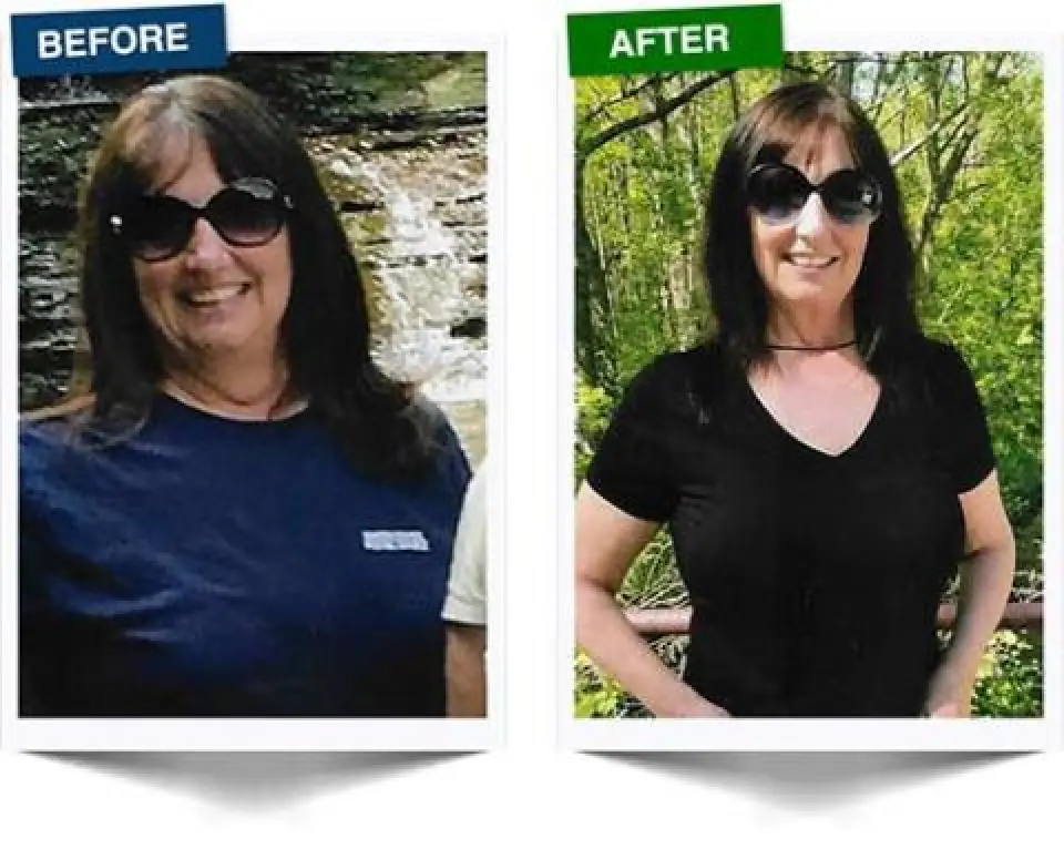 before and after comparison of a woman wearing sunglasses and a dark shirt outdoors