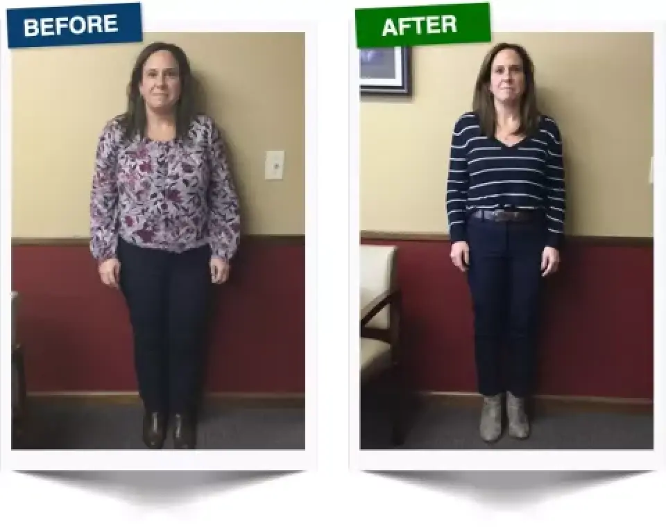 before and after photo of a woman standing indoors, showing weight loss transformation