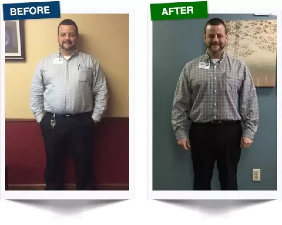 man in plaid shirt before and after weight loss transformation