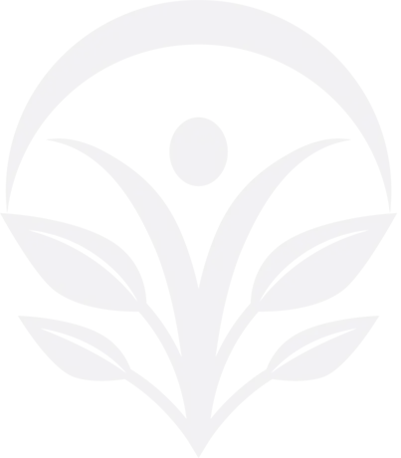 stylized person with raised arms framed by a circle emerging from two leaves
