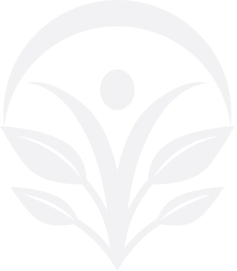 abstract symbol with person and leaves, forming a circle around the figure in grayscale