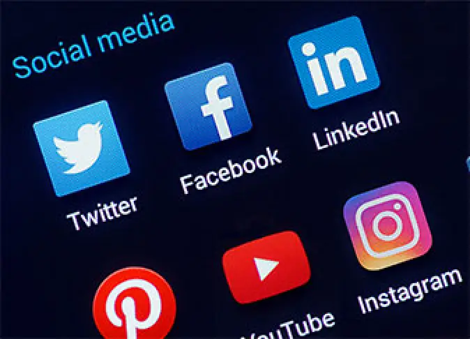 Social media app icons for Twitter, Facebook, LinkedIn, YouTube, and Instagram.