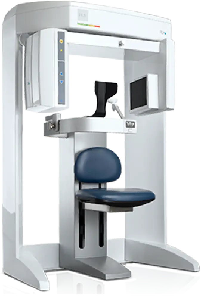 A dental panoramic X-ray machine with a chair, headrest, and digital display screen.