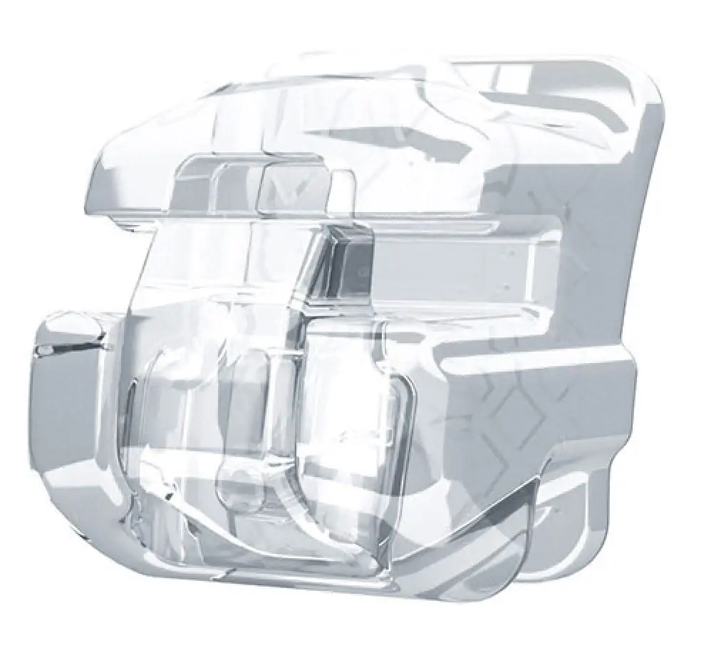 Clear ceramic orthodontic Damon Braces bracket with smooth edges, designed for teeth alignment and braces.