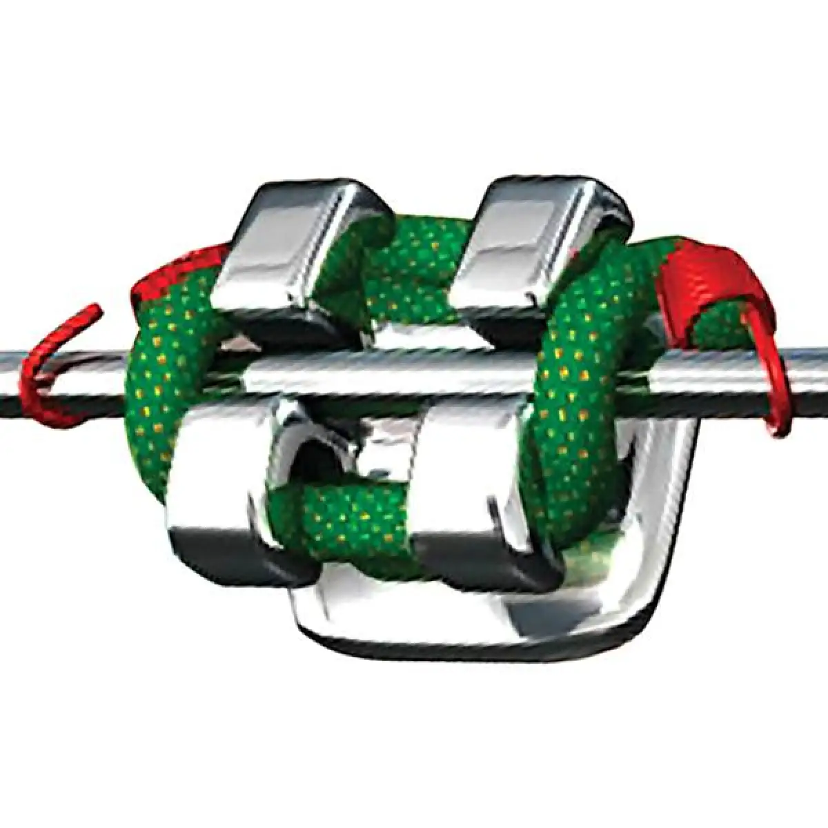 A green climbing rope secured in a shiny silver belay device with red stitching visible.