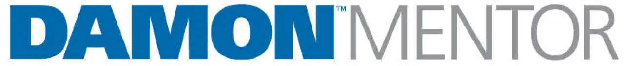Logo with the word DAMON in bold blue letters and MENTOR in thin gray letters.