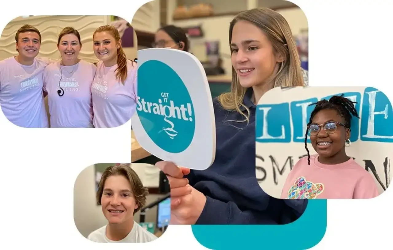 Collage of smiling teens and young adults, some holding “Get It Straight” signs or mirrors.